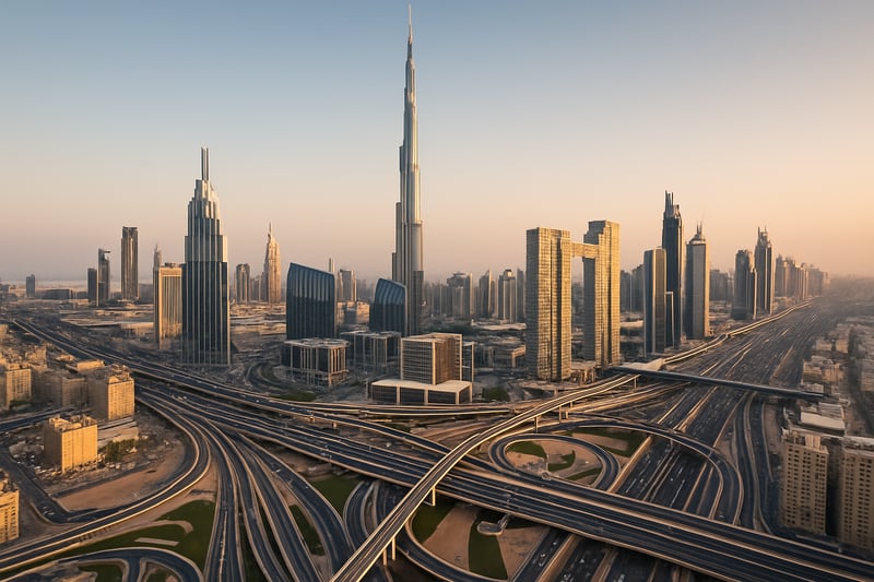 Dubai skyline with major paid roads and highways