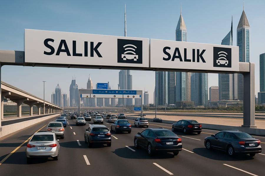 Modern Dubai highway with electronic toll system