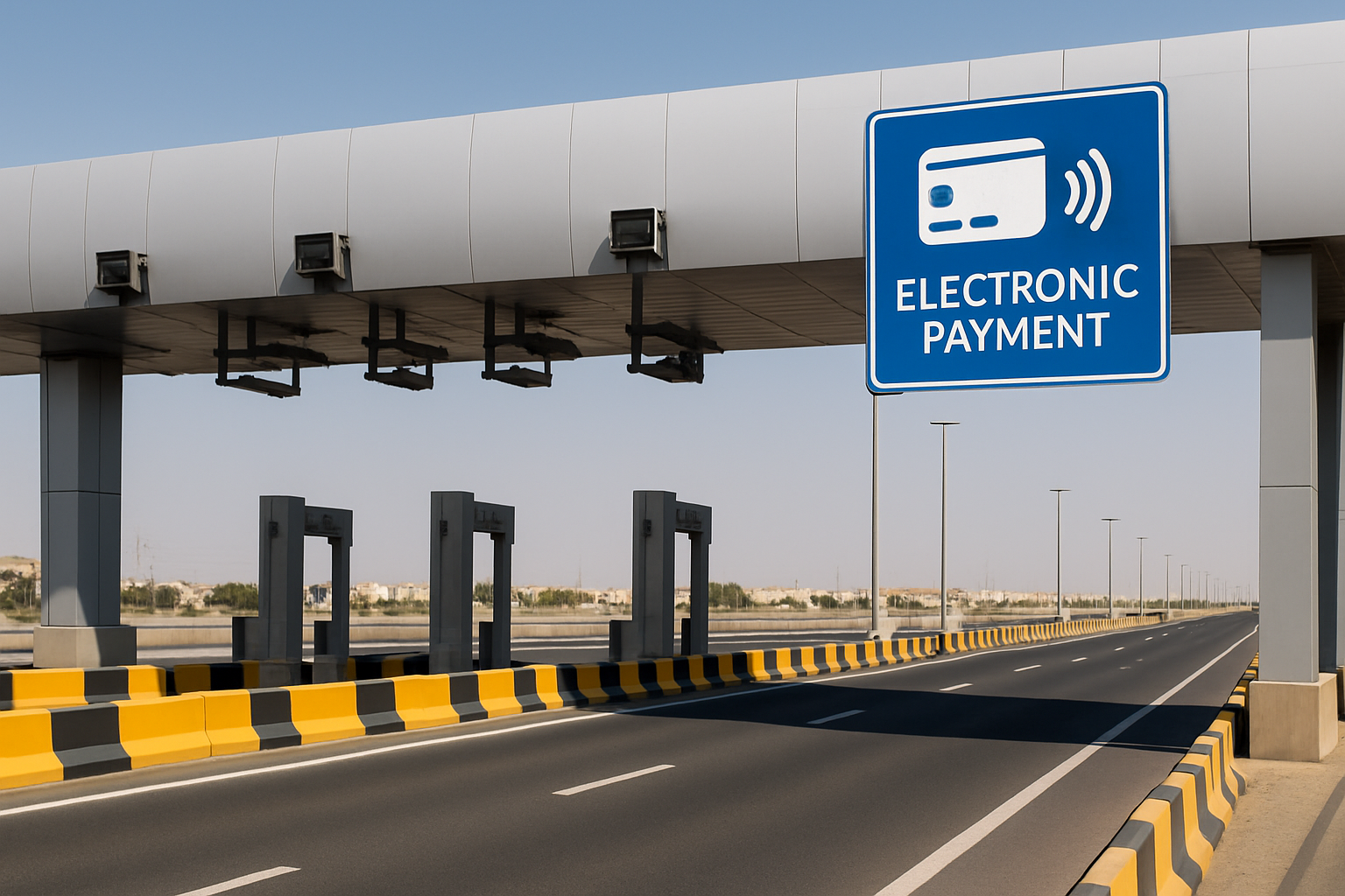 Modern toll gate on a UAE highway with electronic payment sign