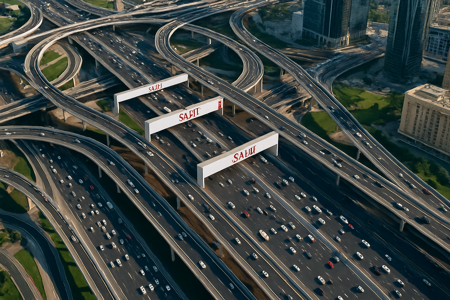 Aerial view of busy Dubai highways with toll roads