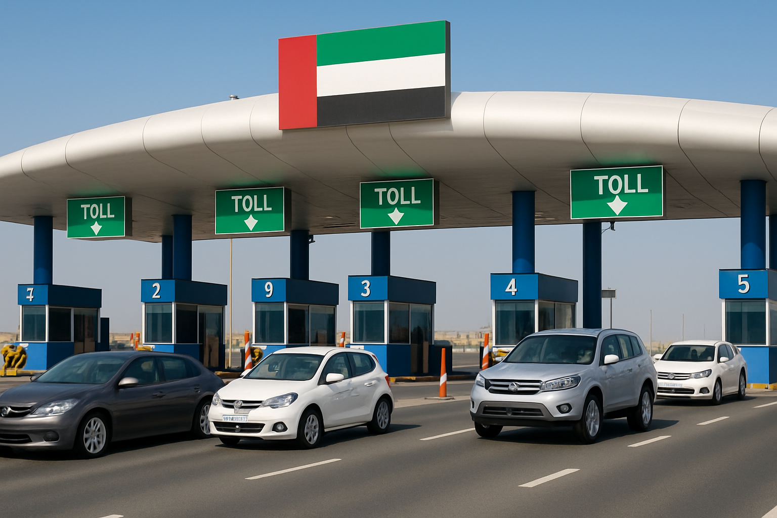 Cars passing smoothly through a toll booth in the UAE